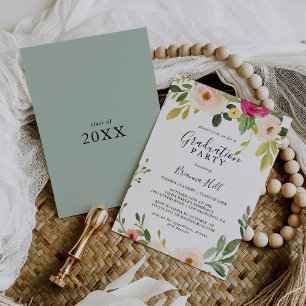 Greenery Pink Blush Floral Graduation Party Invitation
