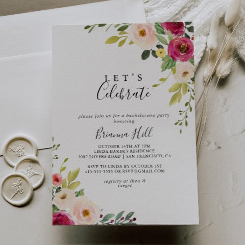 Greenery Pink Blush Floral Lets Celebrate Party Invitation