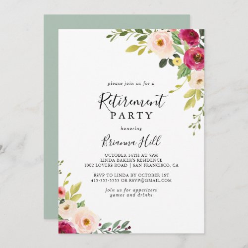 Greenery Pink Blush Floral Retirement Party Invitation