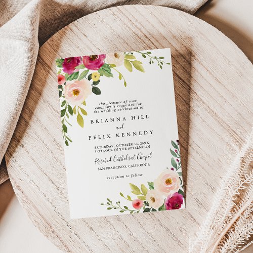 Greenery Pink Blush Floral Traditional Wedding Invitation