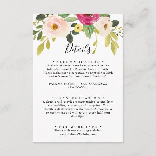 Greenery Pink Blush Floral Wedding Details Enclosure Card