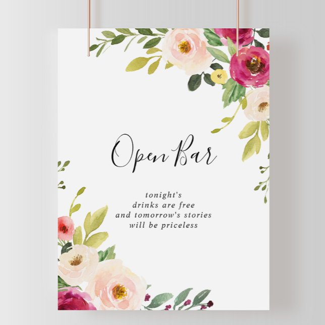 Greenery Pink Blush Floral Wedding Open Bar Sign (Creator Uploaded)