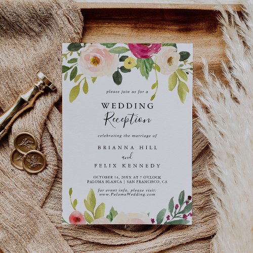 Greenery Pink Blush Floral Wedding Reception Invitation