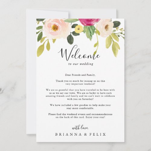 Greenery Pink Blush Floral Wedding Welcome Letter