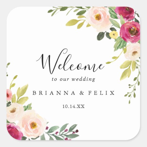 Greenery Pink Blush Floral Wedding Welcome Square Sticker