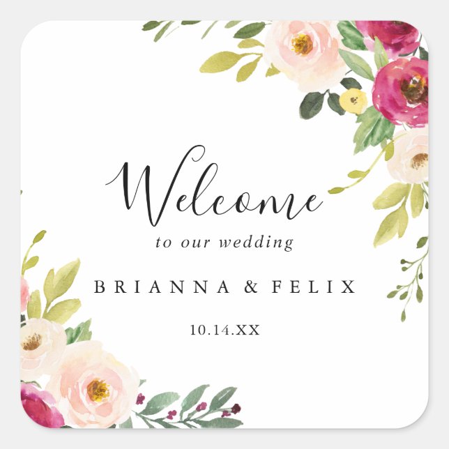 Greenery Pink Blush Floral Wedding Welcome Square Sticker (Front)