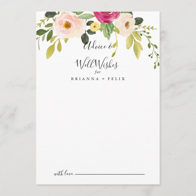 Greenery Pink Blush Floral Wedding Well Wishes Advice Card (Front)