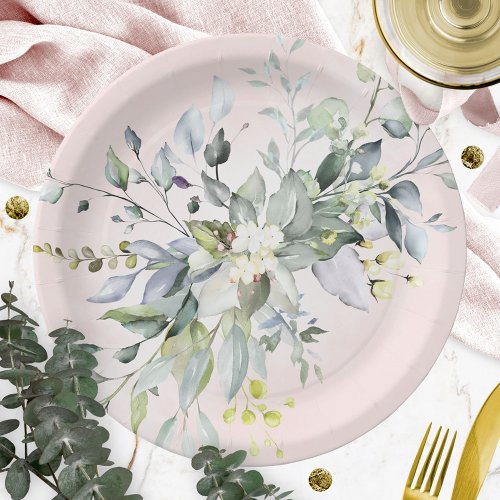 Greenery Pink Blush Watercolor Bridal Shower Paper Plates