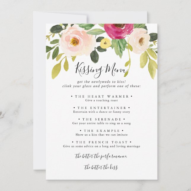 Greenery Pink Blush Wedding Kissing Menu Game Card (Front)