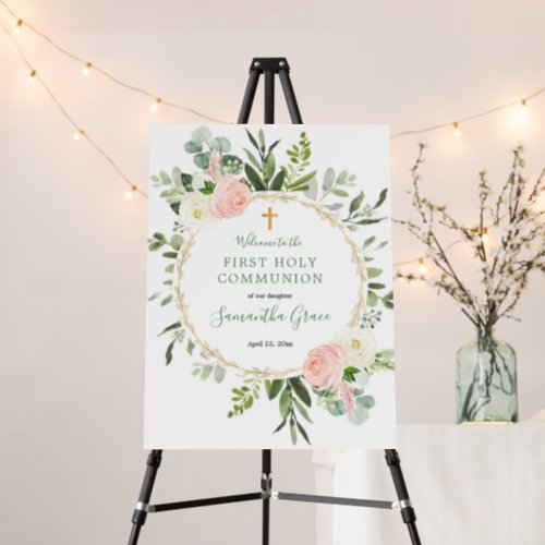 Greenery pink first communion baptism welcome sign