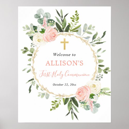 Greenery pink first communion baptism welcome sign