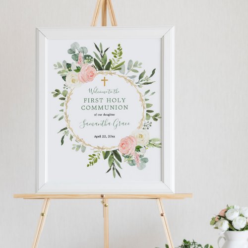 Greenery pink first communion baptism welcome sign