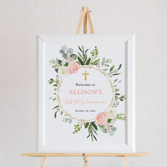 Greenery pink first communion baptism welcome sign (Creator Uploaded)