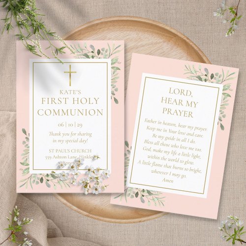 Greenery Pink First Holy Communion Prayer Card