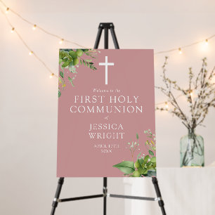 Greenery Pink First Holy Communion Welcome Sign
