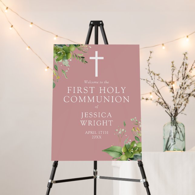 Greenery Pink First Holy Communion Welcome Sign (In Situ (Stand))