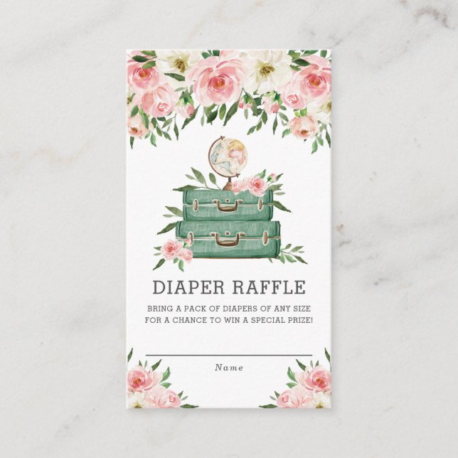 Greenery Pink Floral Adventure Baby Diaper Raffle Enclosure Card (Front)