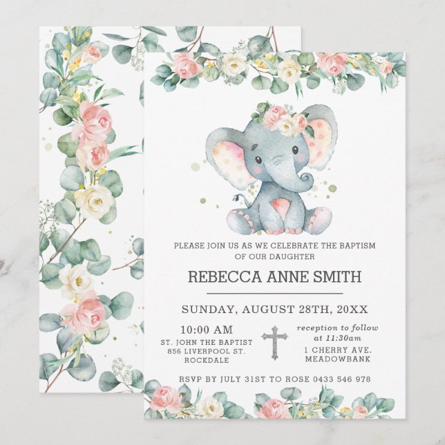 Greenery Pink Floral Elephant Baptism Christening  Invitation (Front/Back)