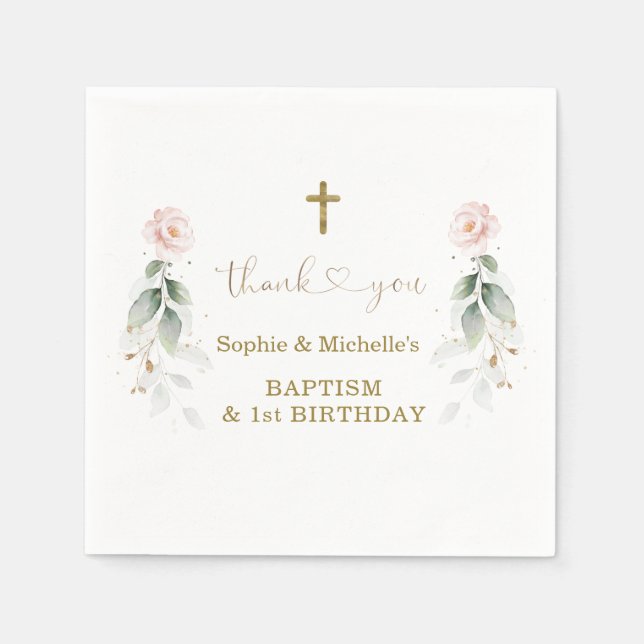 Greenery Pink Floral Gold Baptism 1st Birthday  Napkins (Front)