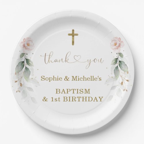 Greenery Pink Floral Gold Baptism 1st Birthday   Paper Plates