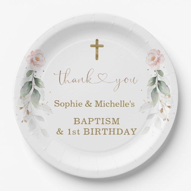 Greenery Pink Floral Gold Baptism 1st Birthday   Paper Plates (Front)