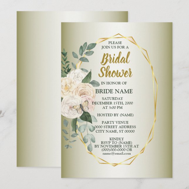 Greenery  Pink Floral Gold Geometric Bridal Shower Invitation (Front/Back)