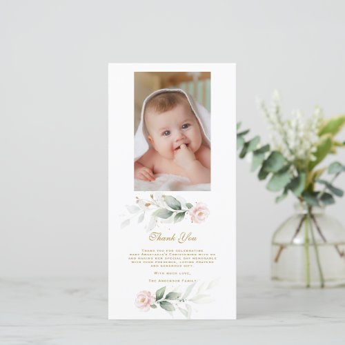 Greenery Pink Floral Gold Photo Christening  Thank You Card