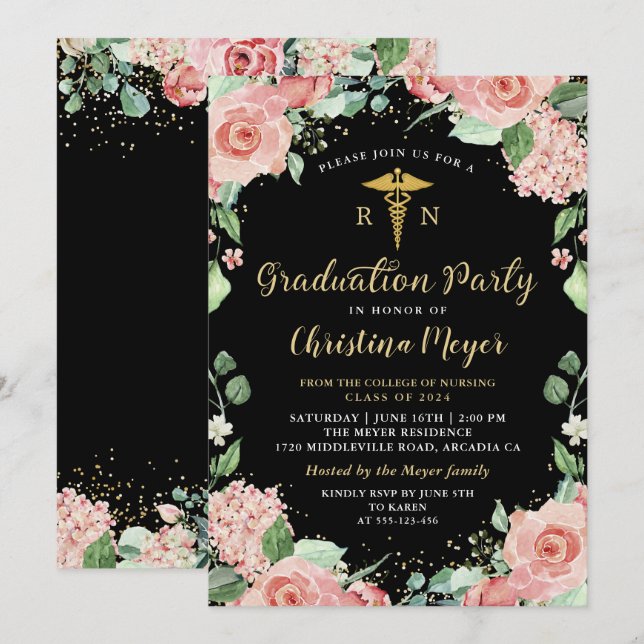 Greenery Pink Floral RN Nursing Graduation Party Invitation (Front/Back)