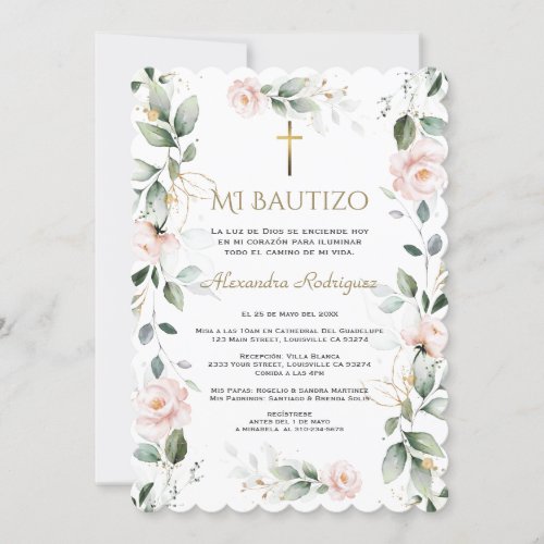 Greenery Pink Floral Spanish Mi Bautizo Baptism Invitation