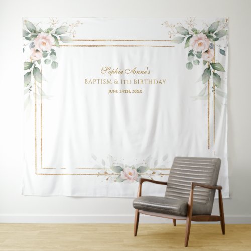 Greenery Pink FloralL Prop Baptism 1st Birthday  Tapestry