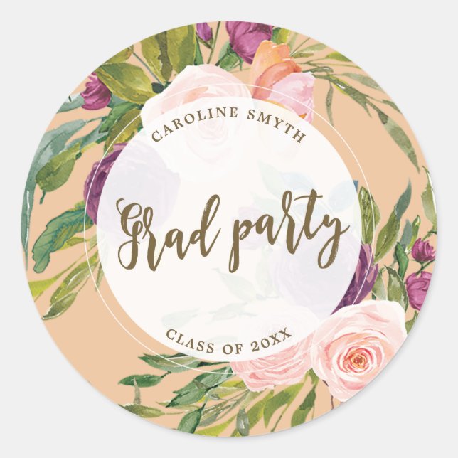 greenery pink florals graduation party sticker (Front)