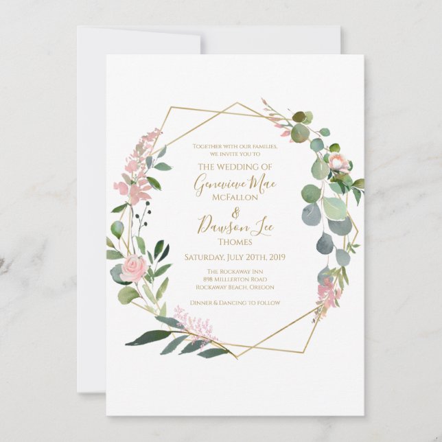 Greenery Pink Flowers Geometric Shape Invitation (Front)