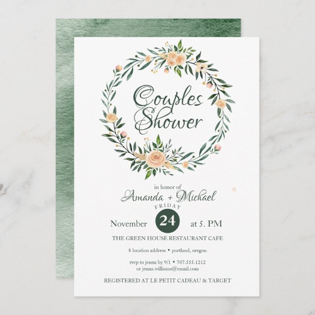 Greenery Pink Flowers Wreath Couple Shower Invitation (Front/Back)