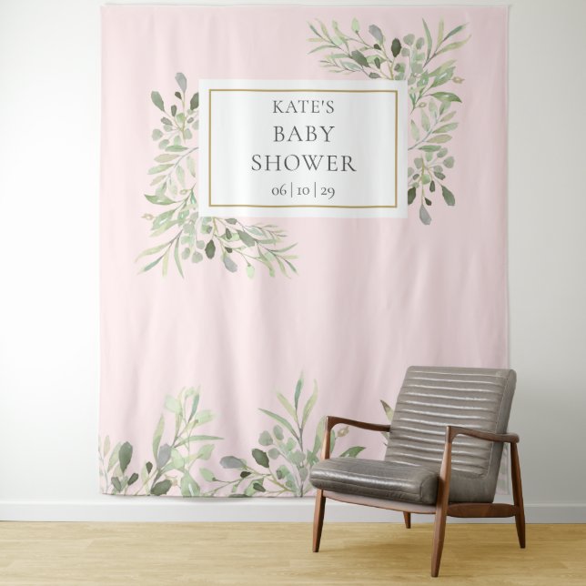 Greenery Pink Girl Baby Shower Photo Backdrop (In Situ)