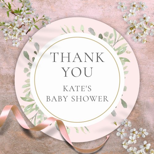 Greenery Pink Girl Baby Shower Thank You Classic Round Sticker