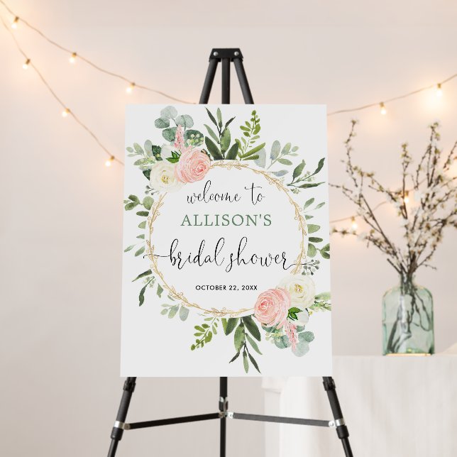 Greenery pink gold bridal shower welcome sign (In Situ (Stand))