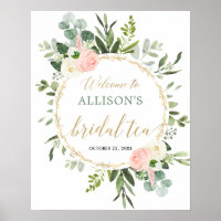 Greenery pink gold bridal tea party welcome sign