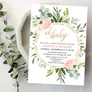 Greenery pink gold elegant couples baby shower invitation