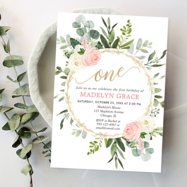 Greenery pink gold elegant girl 1st birthday invitation (Creator Uploaded)