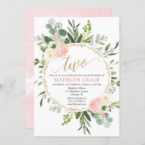 Greenery pink gold elegant girl 2nd birthday invitation