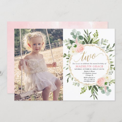 Greenery pink gold elegant girl 2nd birthday photo invitation