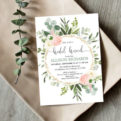 Greenery pink gold eucalyptus floral bridal brunch invitation