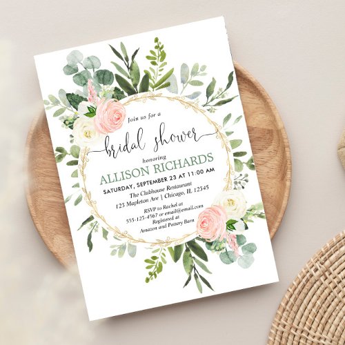 Greenery pink gold eucalyptus floral bridal shower invitation