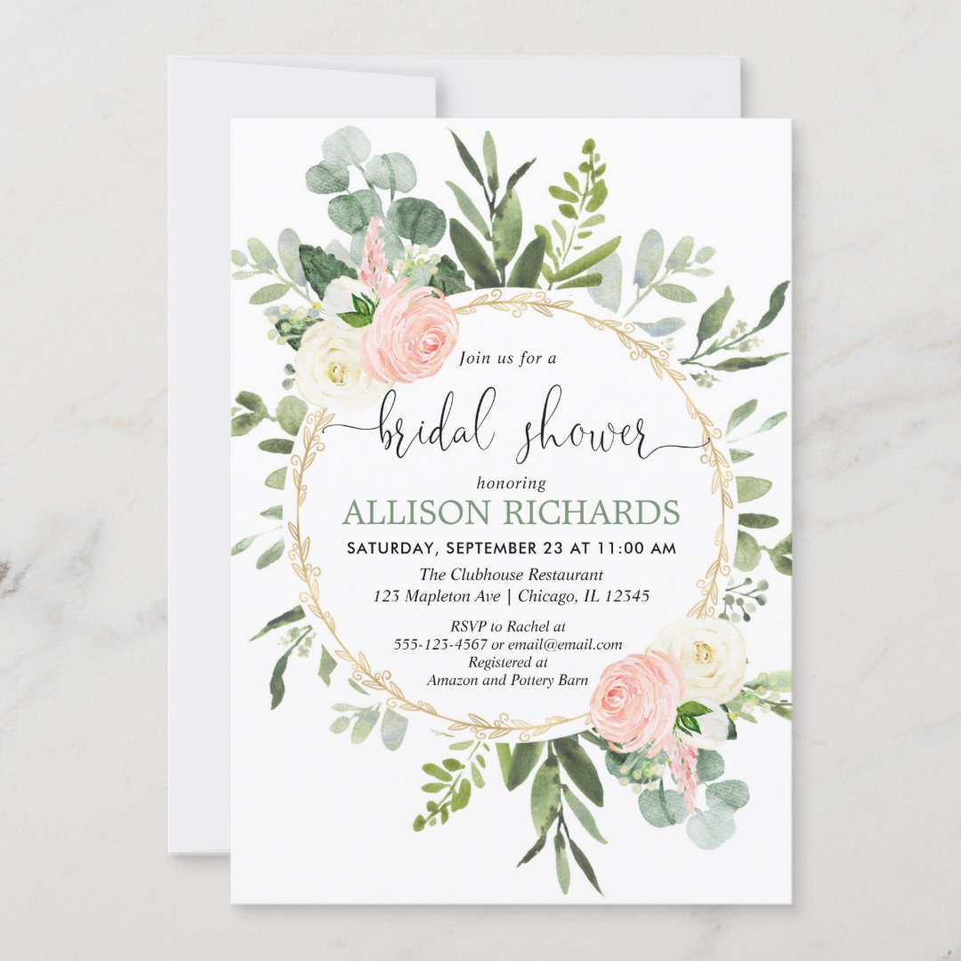 Greenery pink gold eucalyptus floral bridal shower invitation | Zazzle