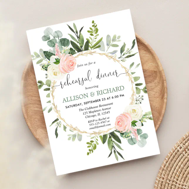 Greenery pink gold eucalyptus rehearsal dinner invitation | Zazzle