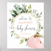 Greenery pink pumpkins baby shower welcome sign