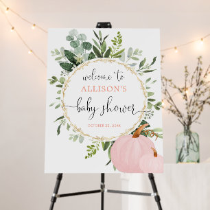 Greenery pink pumpkins baby shower welcome sign