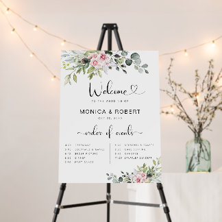 Greenery Pink Rose Wedding Ceremony Timeline Foam Board