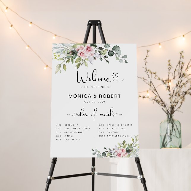 Greenery Pink Rose Wedding Ceremony Timeline Foam Board (In Situ (Stand))