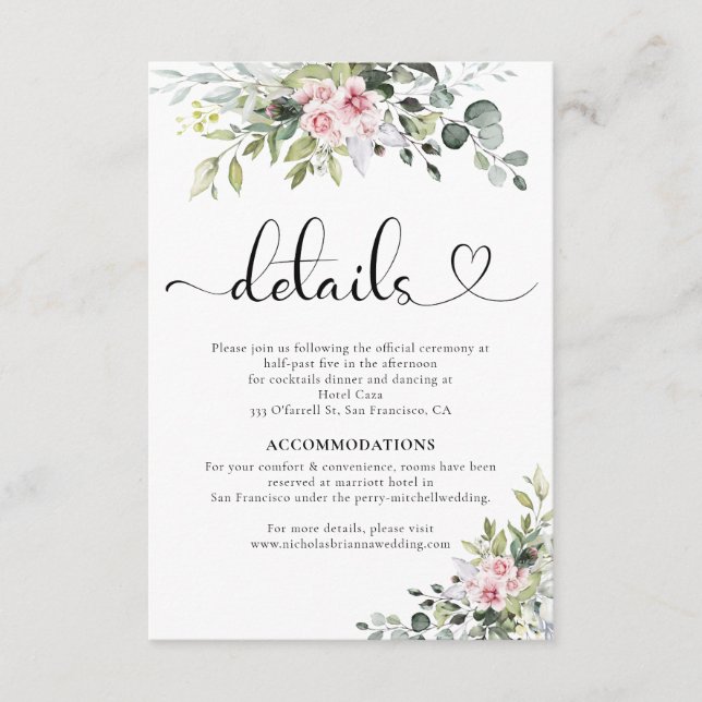 Greenery  Pink Rose Wedding Enclosure Card (Front)